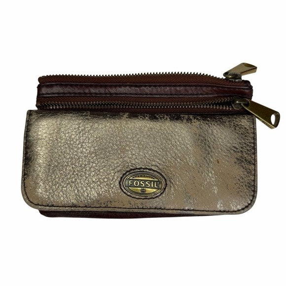 Fossil Handbags - Fossil Metallic Gold Distressed Leather Bifold Wallet Brown Zip Pocket